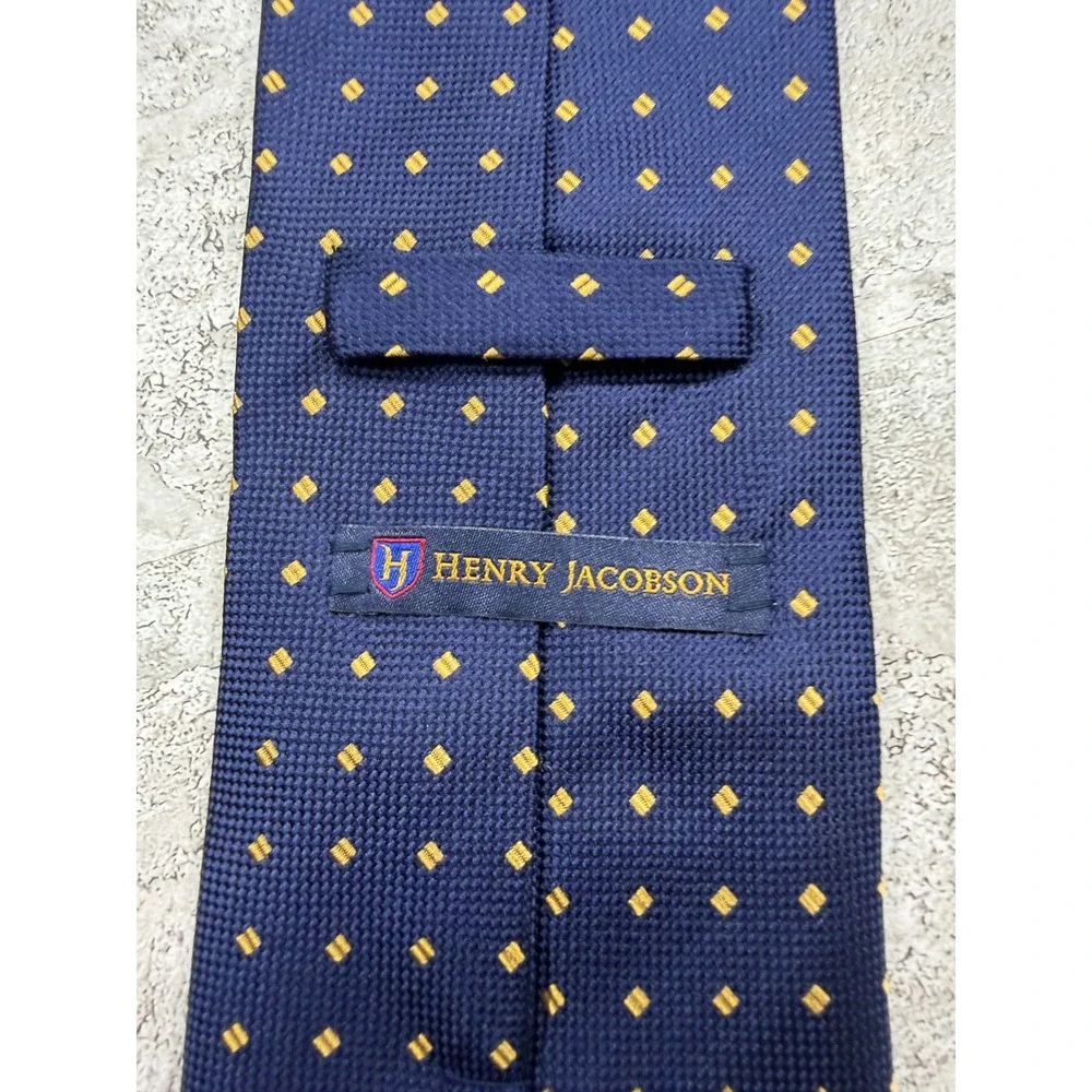 Henry Jacobson Necktie Mens OS Navy Blue Gold Square Geometric Silk